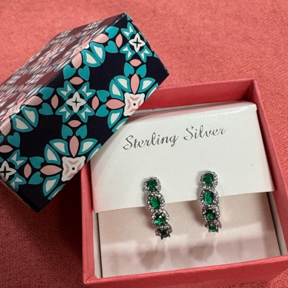 Sterling Silver Oval Hoops with crystals and Green Stones